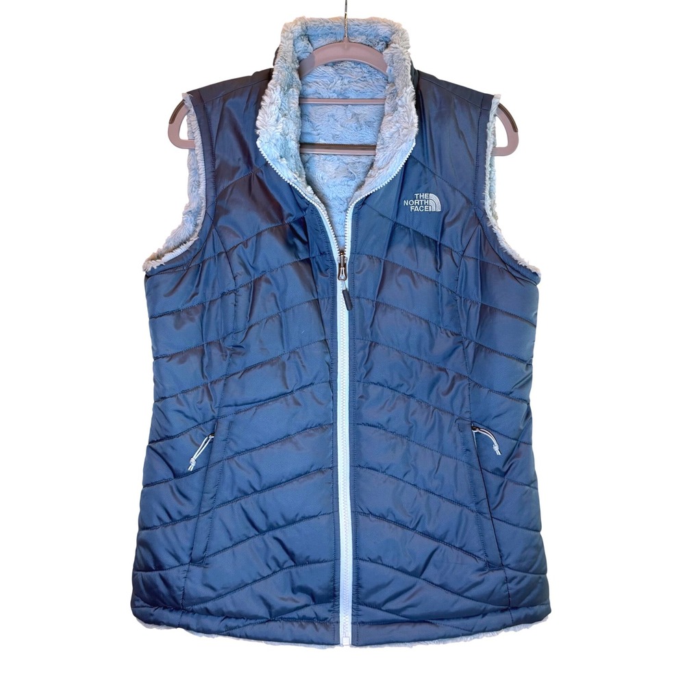 The North Face Womens Reversible Mossbud Swirl Vest Blue Quilted Fleece Medium